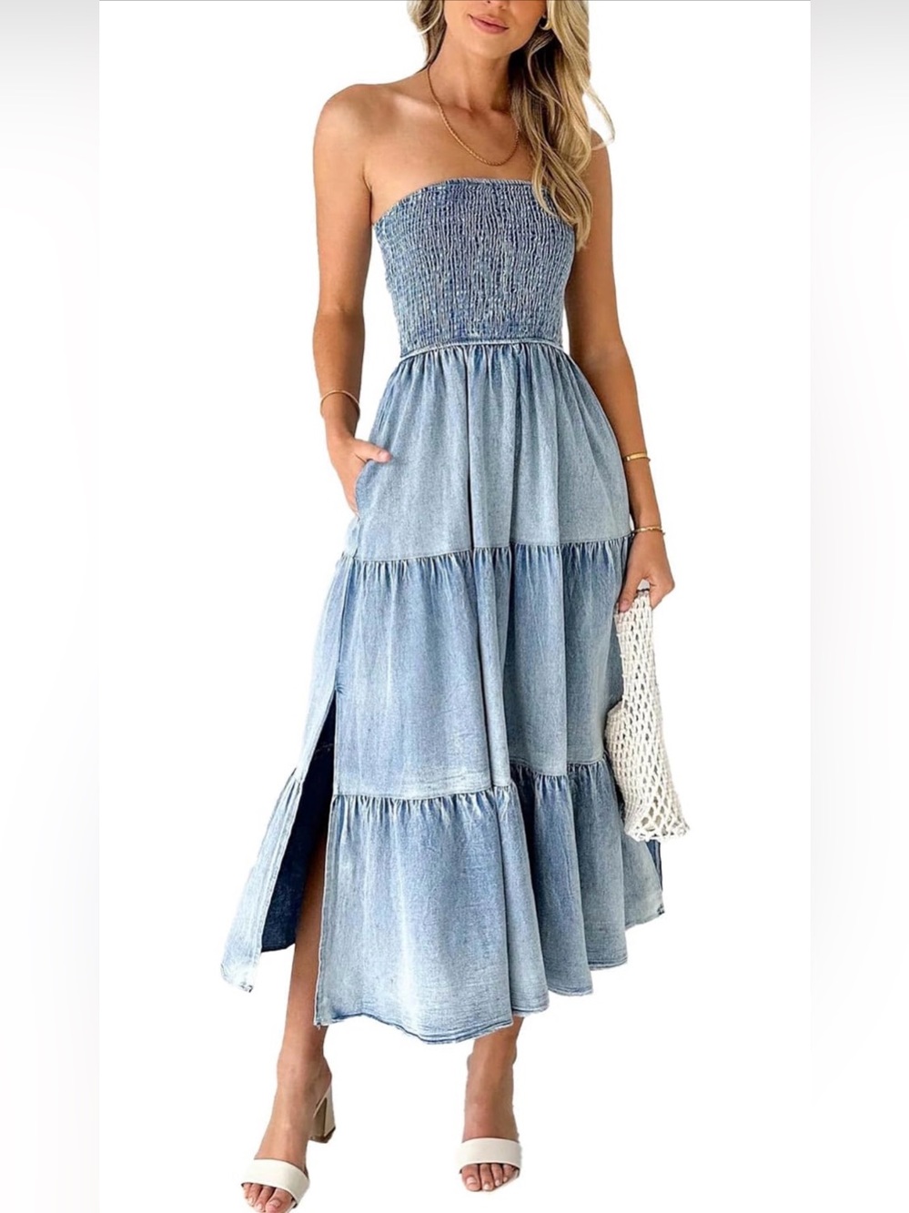 🆕Strapless Smocked Tiered Denim Maxi Dress, Size S